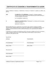 Certificato di cessione e trasferimento di azioni