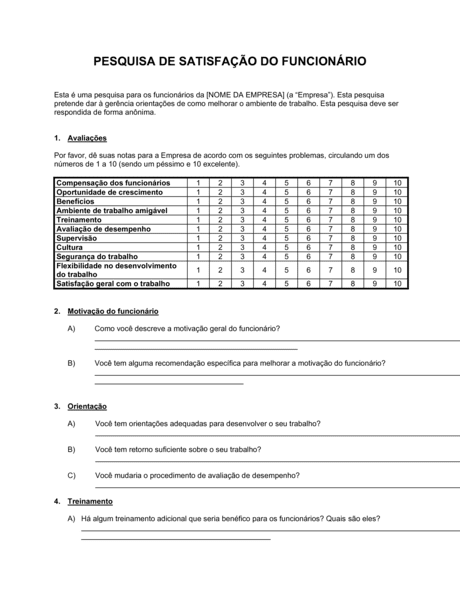 Pesquisa de Satisfação do Funcionário Documentos e formulários Biztree com