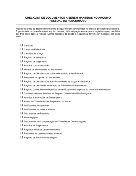 Lista de Conferência Arquivo de Pessoal Documentos e formulários