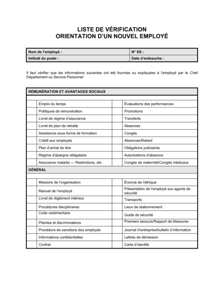 Liste De V Rification Pour L Orientation D Un Nouvel Employ Mod Les