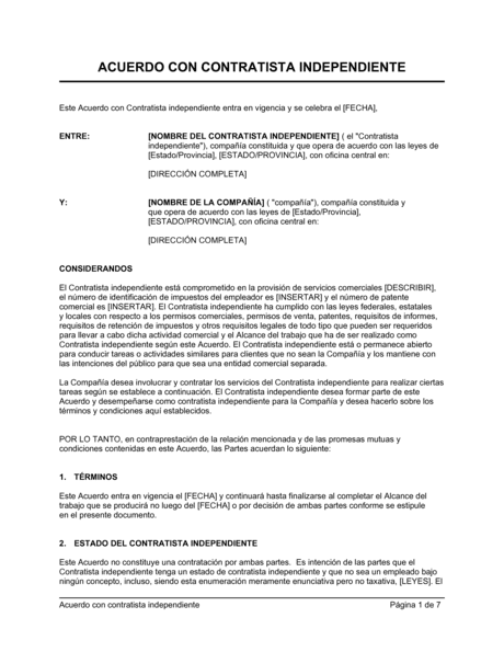 Acuerdo De Contratista Independiente Modelos Y Ejemplo 0474
