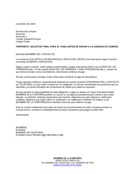 Solicitud Final Para El Pago Antes De Enviar A La Agencia De Cobros Modelos Y Ejemplo Biztree Com
