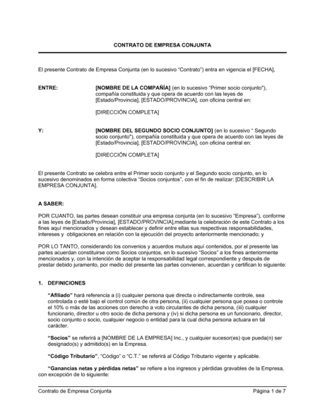 Acuerdo De Emprendimiento Conjunto Modelos Y Ejemplo Biztree Com