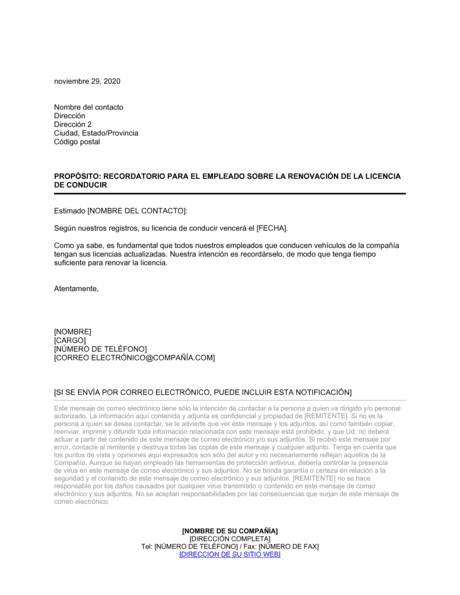 Recordatorio Para El Empleado Acerca De La Renovacion De Licencia De Conducir Modelos Y Ejemplo Biztree Com