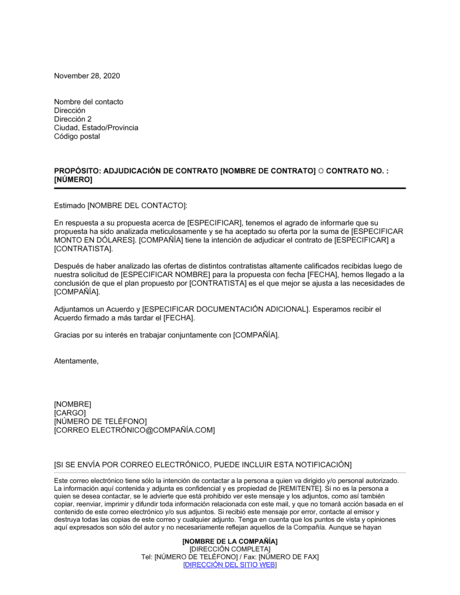 Carta De Adjudicación De Un Contrato Modelos Y Ejemplo 3494