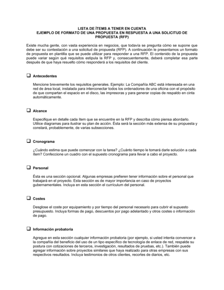 Lista De Items A Tener En Cuenta Formulario De Muestra Para Responder A Una Rfp Modelos Y Ejemplo Biztree Com