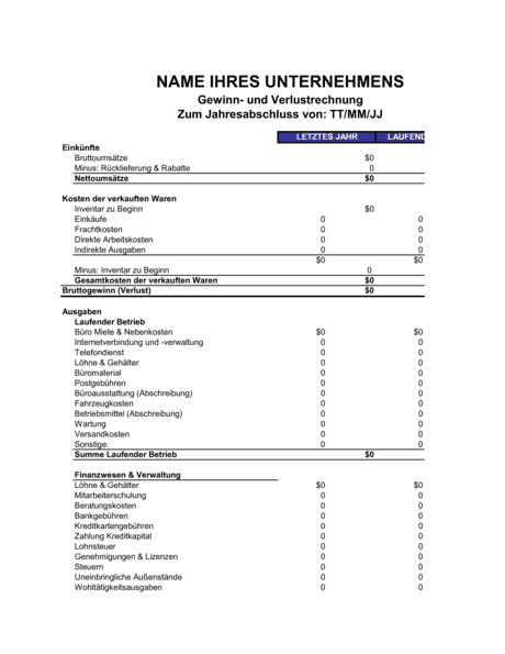 Gewinn Und Verlustrechnung Vorlagen Und Muster Biztree Com