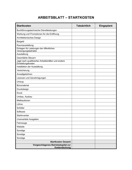 Arbeitsblatt Startkosten Vorlagen Und Muster Biztree Com