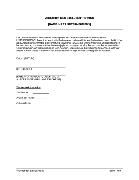 Widerruf Der Stellvertretung Vorlagen Und Muster Biztree Com