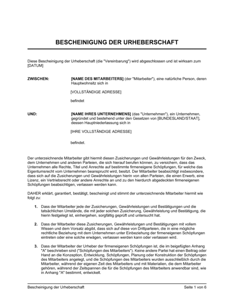 Bescheinigung der Urheberschaft Vorlagen und Muster