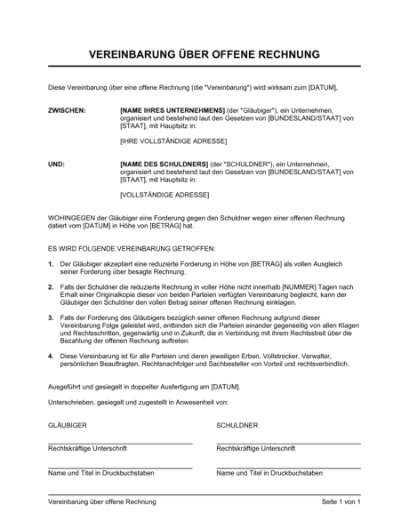 Vereinbarung Uber Offene Rechnung Vorlagen Und Muster Biztree Com