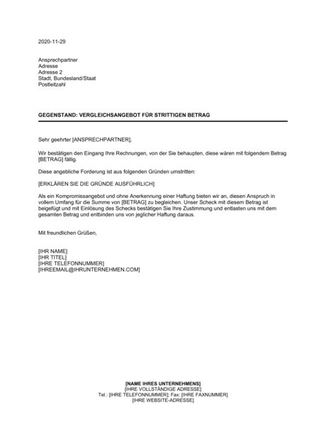 Vergleichsangebot Fur Strittigen Betrag Vorlagen Und Muster Biztree Com