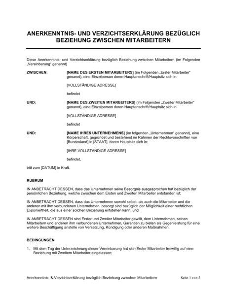 Anerkenntnis Verzichtserklärung Bezüglich Beziehung Zwischen ...