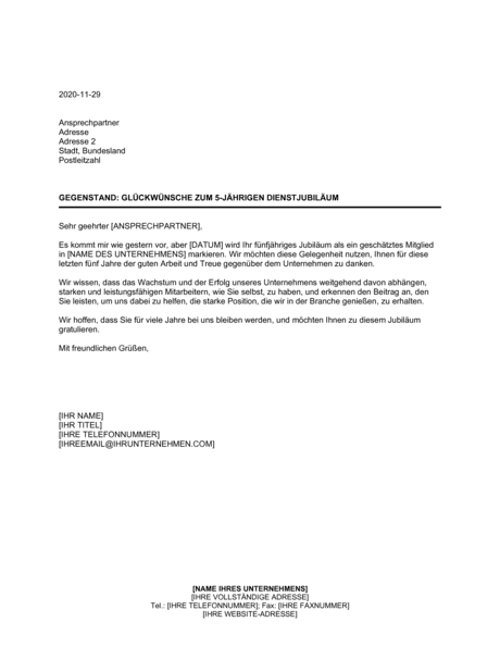 Gluckwunsche Zum 5 Jahrigen Dienstjubilaum Vorlagen Und Muster Biztree Com