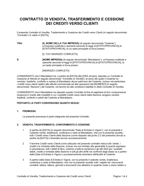 Contratto Di Vendita Trasferimento E Cessione Crediti Verso Clienti Modelli E Esempi Di