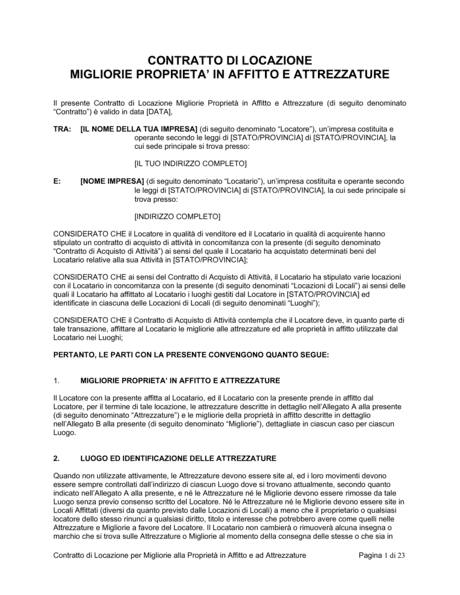 Contratto Di Locazione Migliorie Proprieta In Affitto E Attrezzature Modelli E Esempi Di