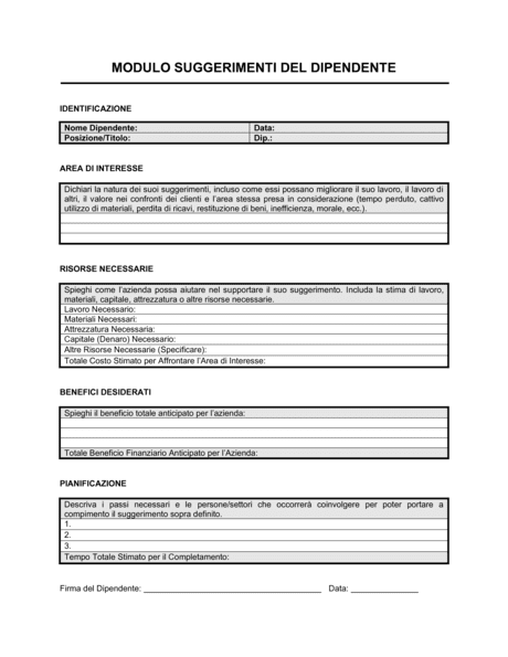 Modulo Suggerimenti Del Dipendente - Modelli E Esempi Di Moduli ...