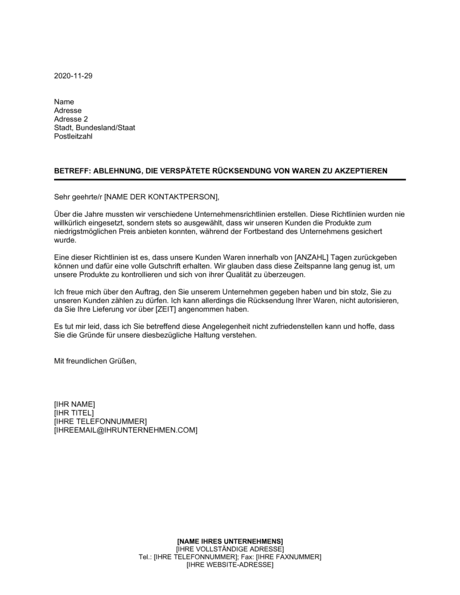 Ablehnung Die Verspatete Rucksendung Von Waren Zu Akzeptieren Vorlagen Und Muster Biztree Com