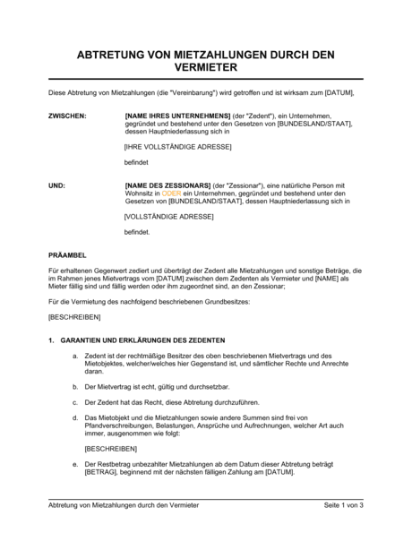 Abtretung Von Mietzahlungen Durch Den Vermieter Vorlagen Und Muster Biztree Com