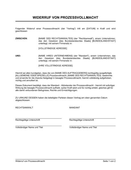 Widerruf Von Prozessvollmacht Vorlagen Und Muster Biztree Com
