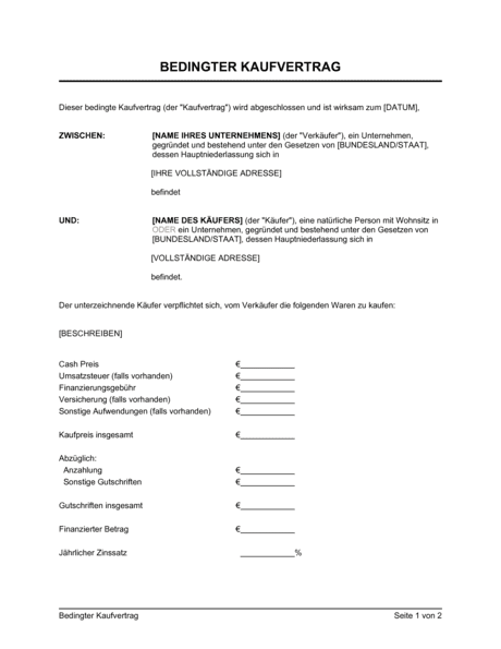 Bedingter Kaufvertrag - Vorlagen und Muster | Biztree.com