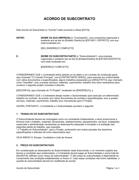 Acordo De Subcontrato Documentos E Formulários 3368