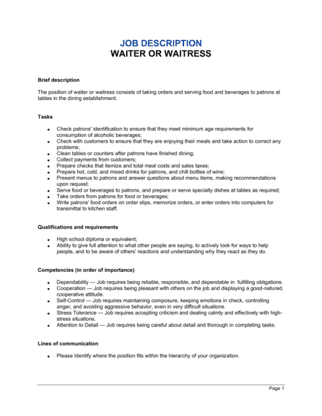 Waiter And Waitress Job Description Template Word And Pdf By Business In A Box