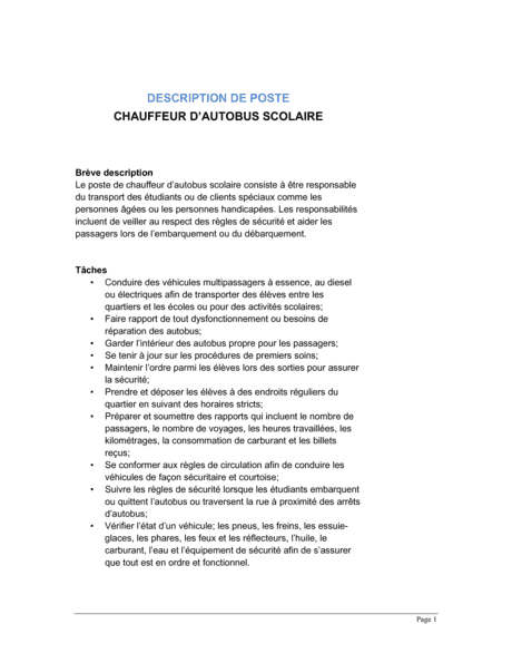 Chauffeur d'autobus scolaire Description de poste  Modèles & Exemples