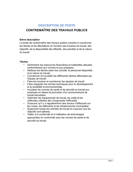Contremaitre Des Travaux Publics Description De Poste Modeles Exemples Pdf Biztree Com