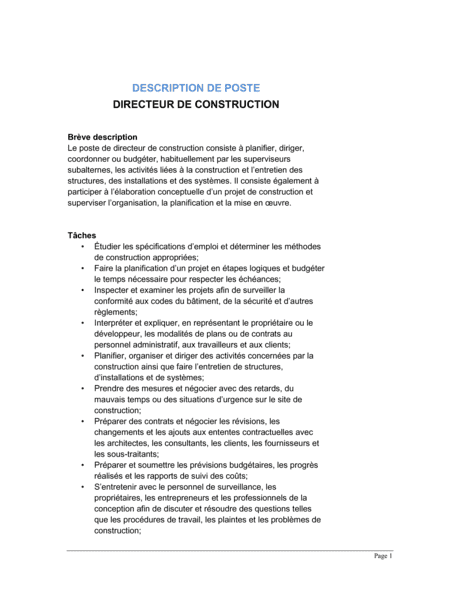 Directeur De Construction Description De Poste Modeles Exemples Pdf Biztree Com