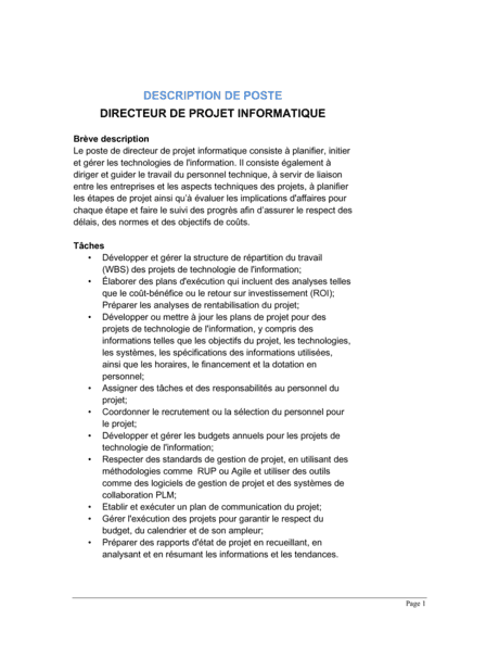 Directeur De Projet Informatique Description De Poste Modeles Exemples Pdf Biztree Com