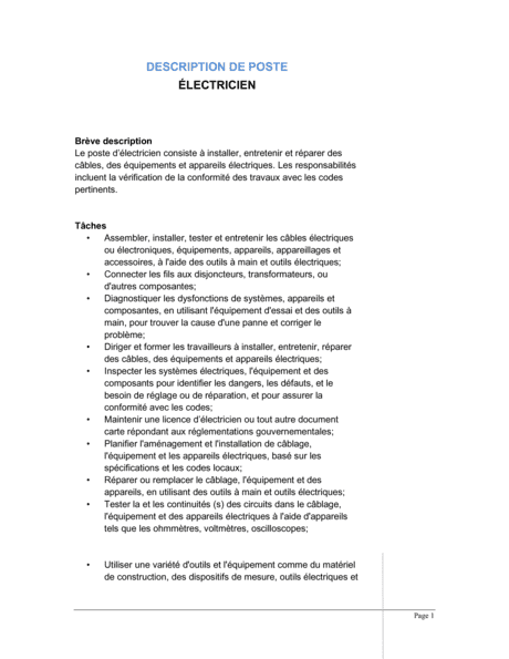 Électricien Description de poste  Modèles & Exemples PDF  Biztree.com