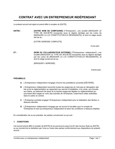 Contrat avec un entrepreneur indépendant  Modèles & Exemples PDF