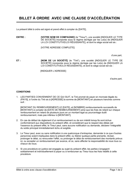 Billet à Ordre Avec Une Clause D'accélération - Modèles & Exemples PDF ...