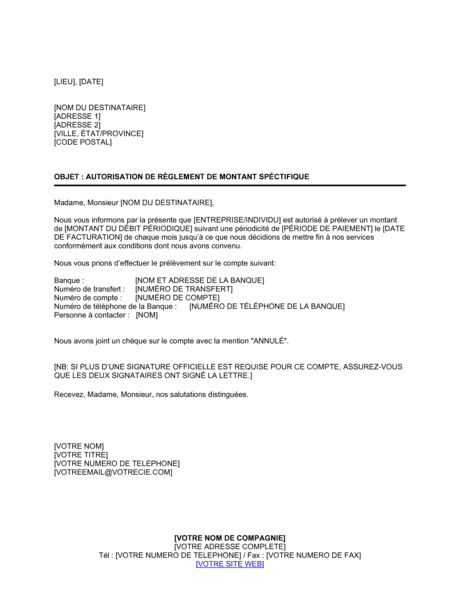 Autorisation de règlement de montant spécifique - Modèles & Exemples ...