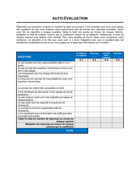 Fiche D Auto Evaluation Modeles Exemples Pdf Biztree Com