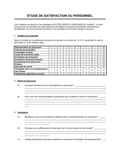 Etude De Satisfaction Du Personnel Modeles Exemples Pdf Biztree Com