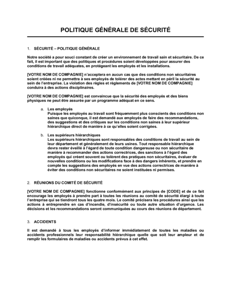 Politique générale de sécurité - Modèles & Exemples PDF | Biztree.com