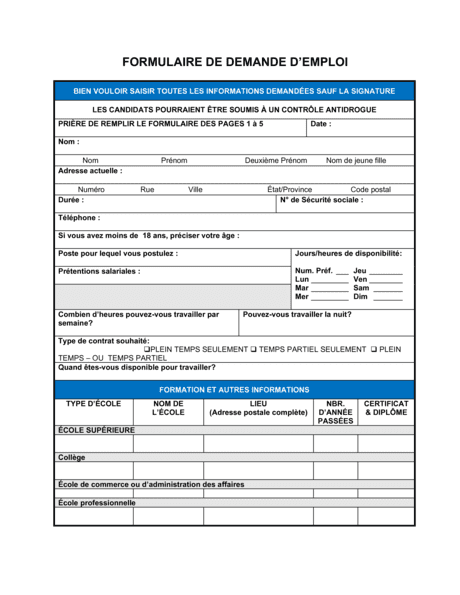 Formulaire de demande d'emploi  Modèles & Exemples PDF  Biztree.com