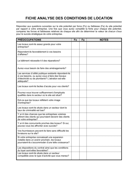 Fiche D Analyse Des Conditions De Location Mod Les Exemples Pdf