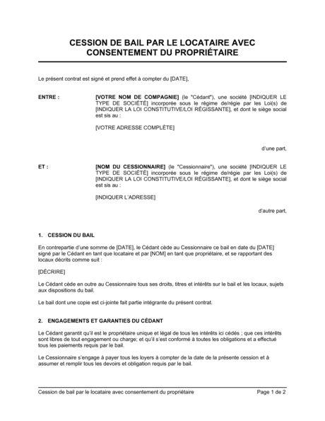 Cession De Contrat De Bail Avec Consentement Du Propri Taire Mod Les ...