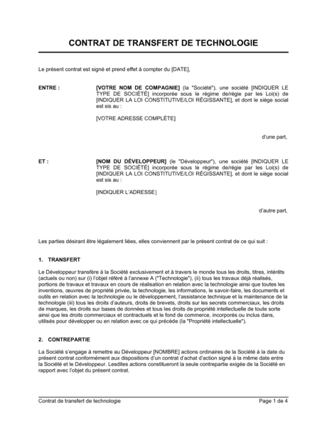 Contrat De Transfert De Technologie Modeles Exemples Pdf Biztree Com