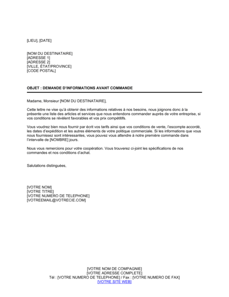 Demande D Informations Avant Commande Modeles Exemples Pdf Biztree Com