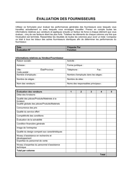 Fiche D Evaluation Des Fournisseurs Modeles Exemples Pdf Biztree Com