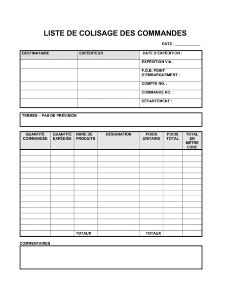  Liste  de colisage des commandes  Mod les Exemples PDF  