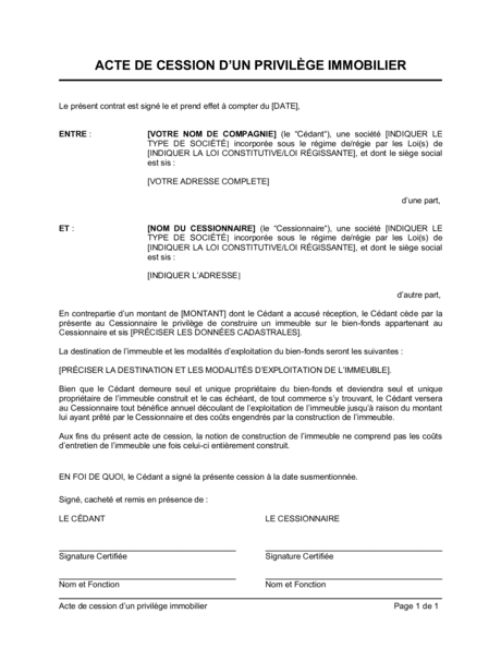 Acte De Cession De Privilège Immobilier Modèles And Exemples Pdf