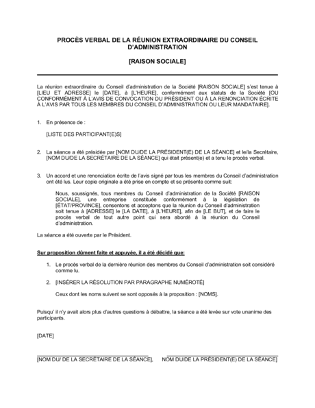 Procès verbal d'une réunion extraordinare du CA  Modèles & Exemples