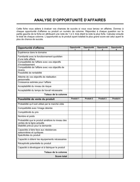 Fiche d'analyse d'une opportunité d'affaires  Modèles & Exemples PDF