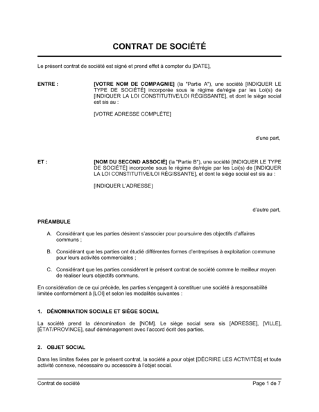 Contrat de société  Modèles & Exemples PDF  Biztree.com