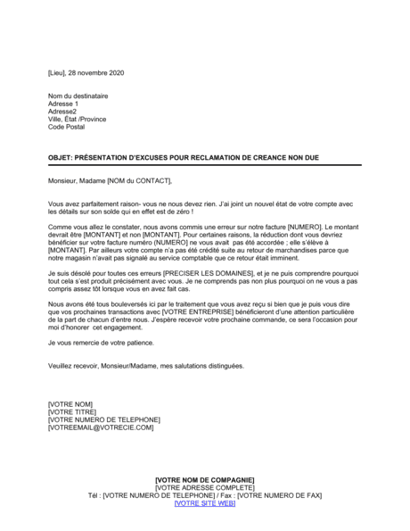 Présentation d'excuses pour réclamation de créance non dûe - Modèles ...